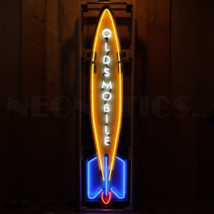 oldsmobile rocket neon sign in steel can